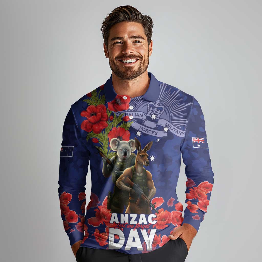 Kangaoo Koala Soldier ANZAC Personalised Long Sleeve Polo Shirt Aboriginal Dot Painting
