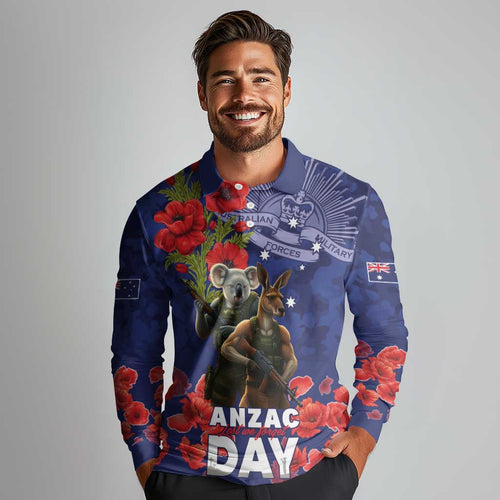 Kangaoo Koala Soldier ANZAC Personalised Long Sleeve Polo Shirt Aboriginal Dot Painting