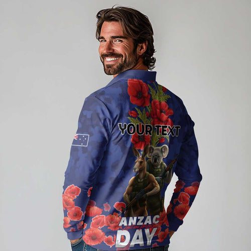Kangaoo Koala Soldier ANZAC Personalised Long Sleeve Polo Shirt Aboriginal Dot Painting