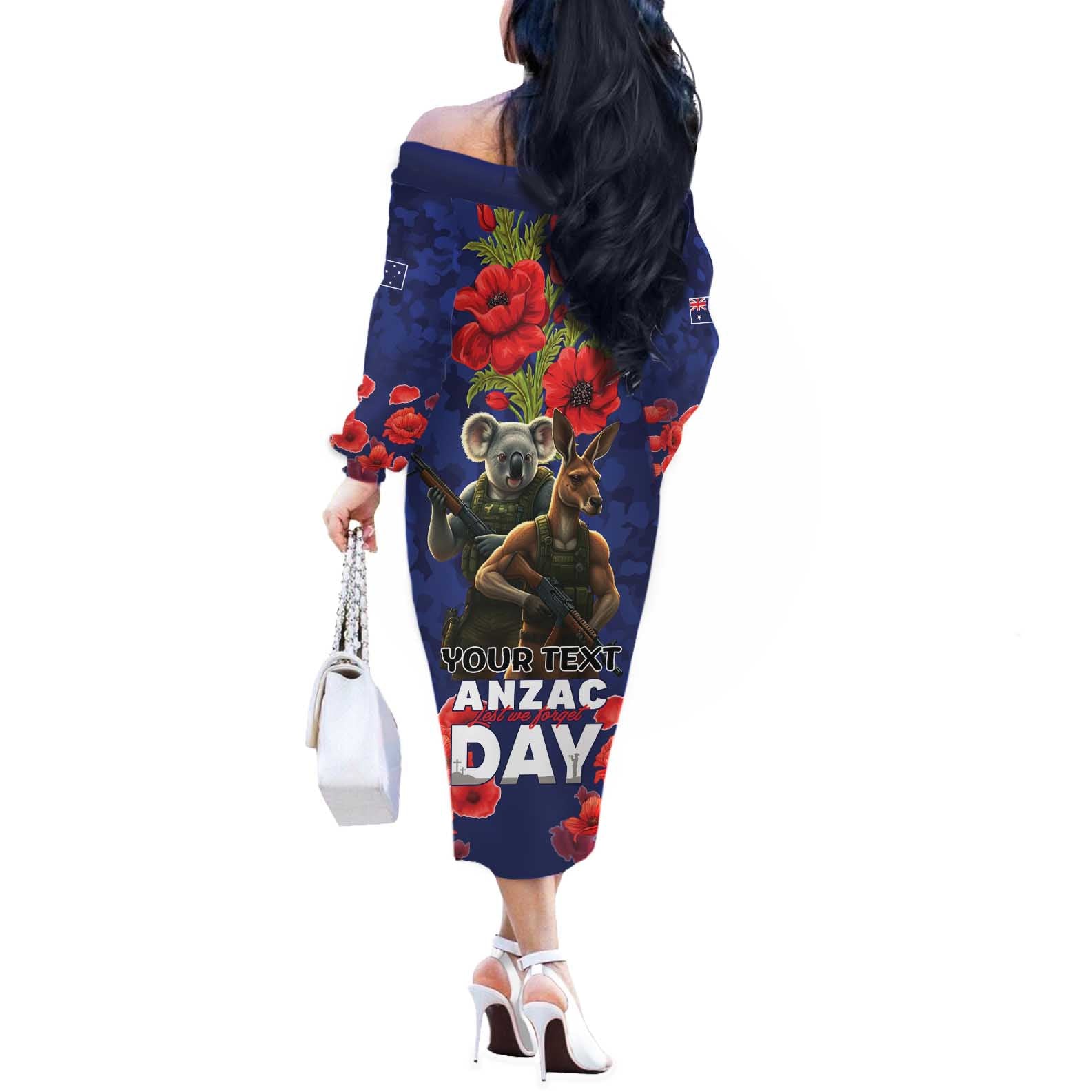 Kangaoo Koala Soldier ANZAC Personalised Off The Shoulder Long Sleeve Dress Aboriginal Dot Painting
