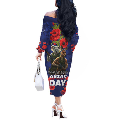 Kangaoo Koala Soldier ANZAC Personalised Off The Shoulder Long Sleeve Dress Aboriginal Dot Painting