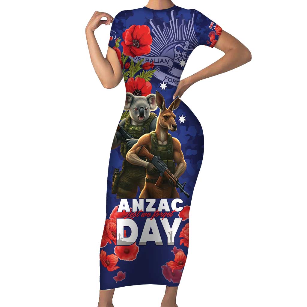 Kangaoo Koala Soldier ANZAC Personalised Short Sleeve Bodycon Dress Aboriginal Dot Painting