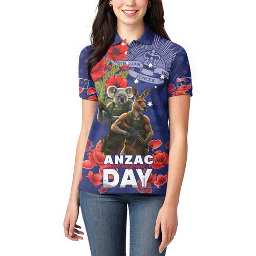 Kangaoo Koala Soldier ANZAC Personalised Women Polo Shirt Aboriginal Dot Painting