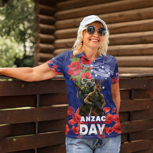 Kangaoo Koala Soldier ANZAC Personalised Women Polo Shirt Aboriginal Dot Painting