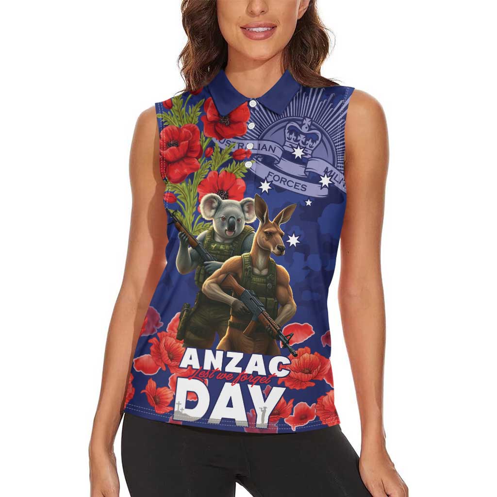 Kangaoo Koala Soldier ANZAC Personalised Women Sleeveless Polo Shirt Aboriginal Dot Painting