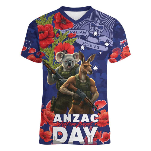 Kangaoo Koala Soldier ANZAC Personalised Women V-Neck T-Shirt Aboriginal Dot Painting