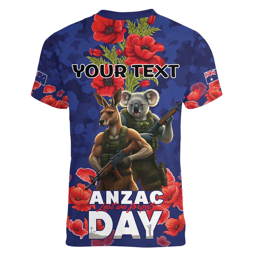 Kangaoo Koala Soldier ANZAC Personalised Women V-Neck T-Shirt Aboriginal Dot Painting