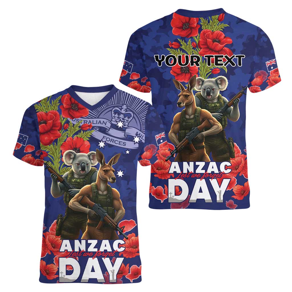 Kangaoo Koala Soldier ANZAC Personalised Women V-Neck T-Shirt Aboriginal Dot Painting