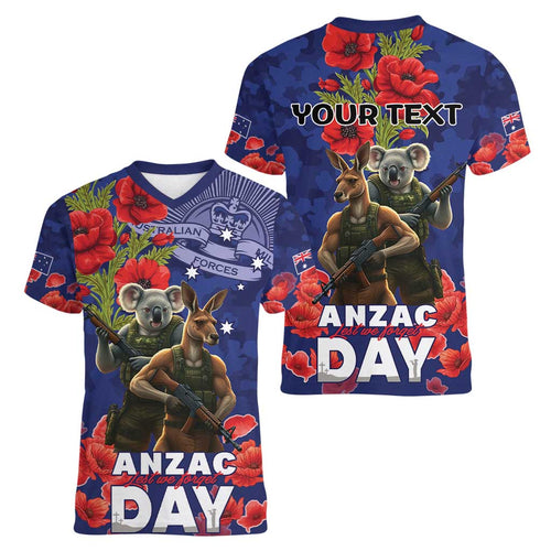 Kangaoo Koala Soldier ANZAC Personalised Women V-Neck T-Shirt Aboriginal Dot Painting