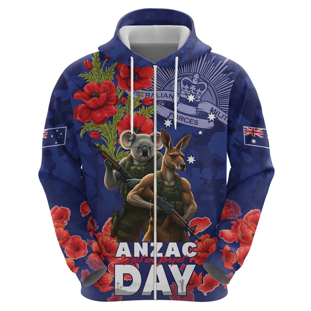 Kangaoo Koala Soldier ANZAC Personalised Zip Hoodie Aboriginal Dot Painting