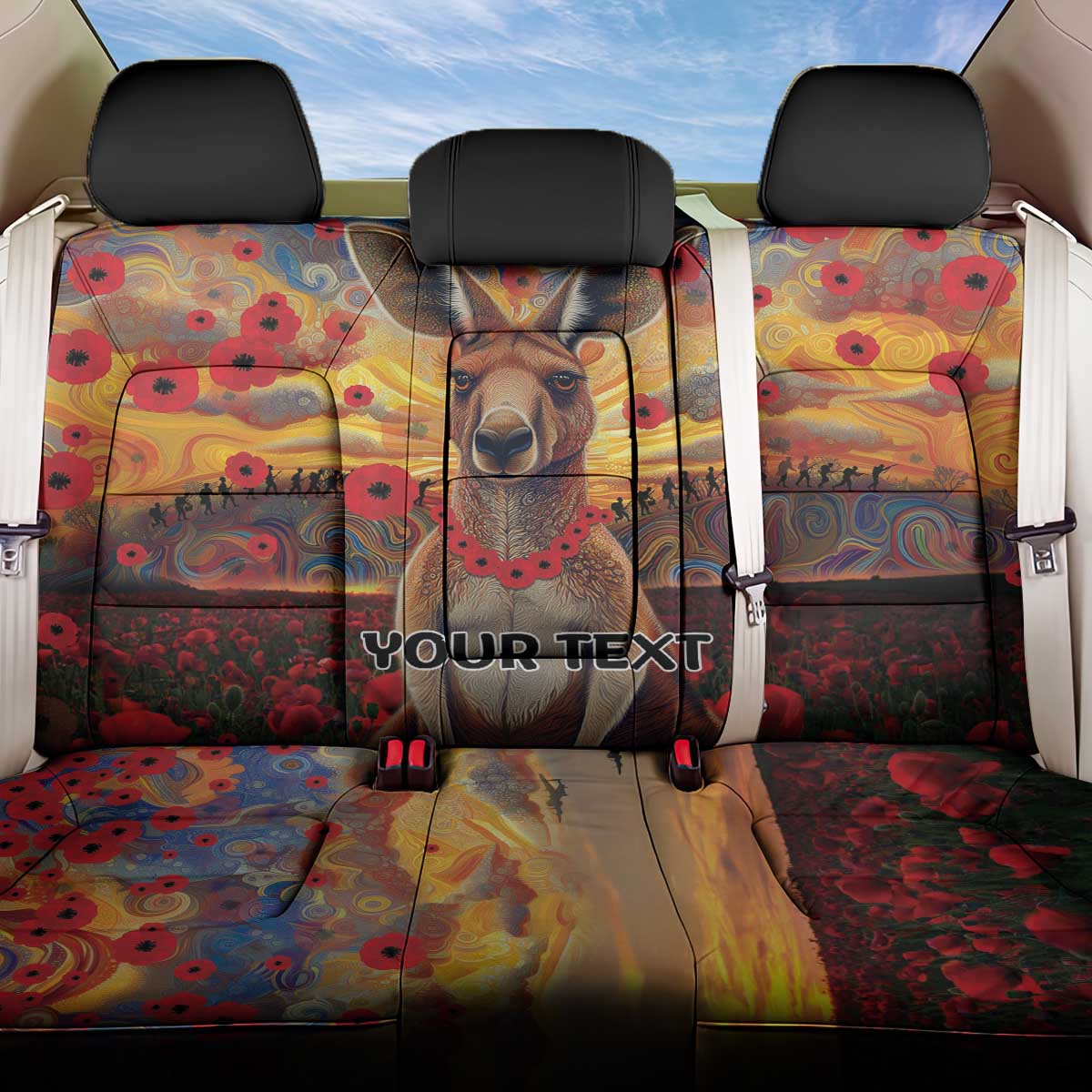 Kangaroo ANZAC Personalised Back Car Seat Cover Poppy Flowers Aboriginal Dot Painting
