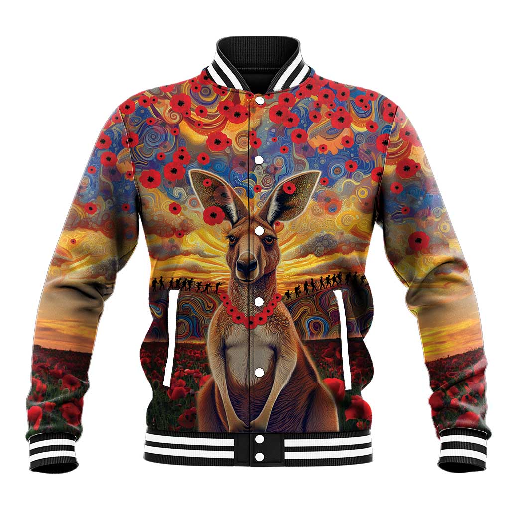 Kangaroo ANZAC Personalised Baseball Jacket Poppy Flowers Aboriginal Dot Painting