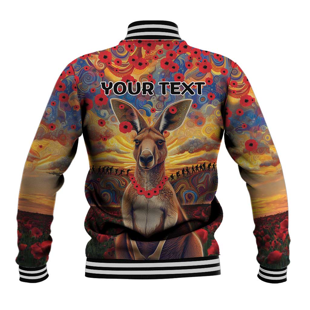 Kangaroo ANZAC Personalised Baseball Jacket Poppy Flowers Aboriginal Dot Painting