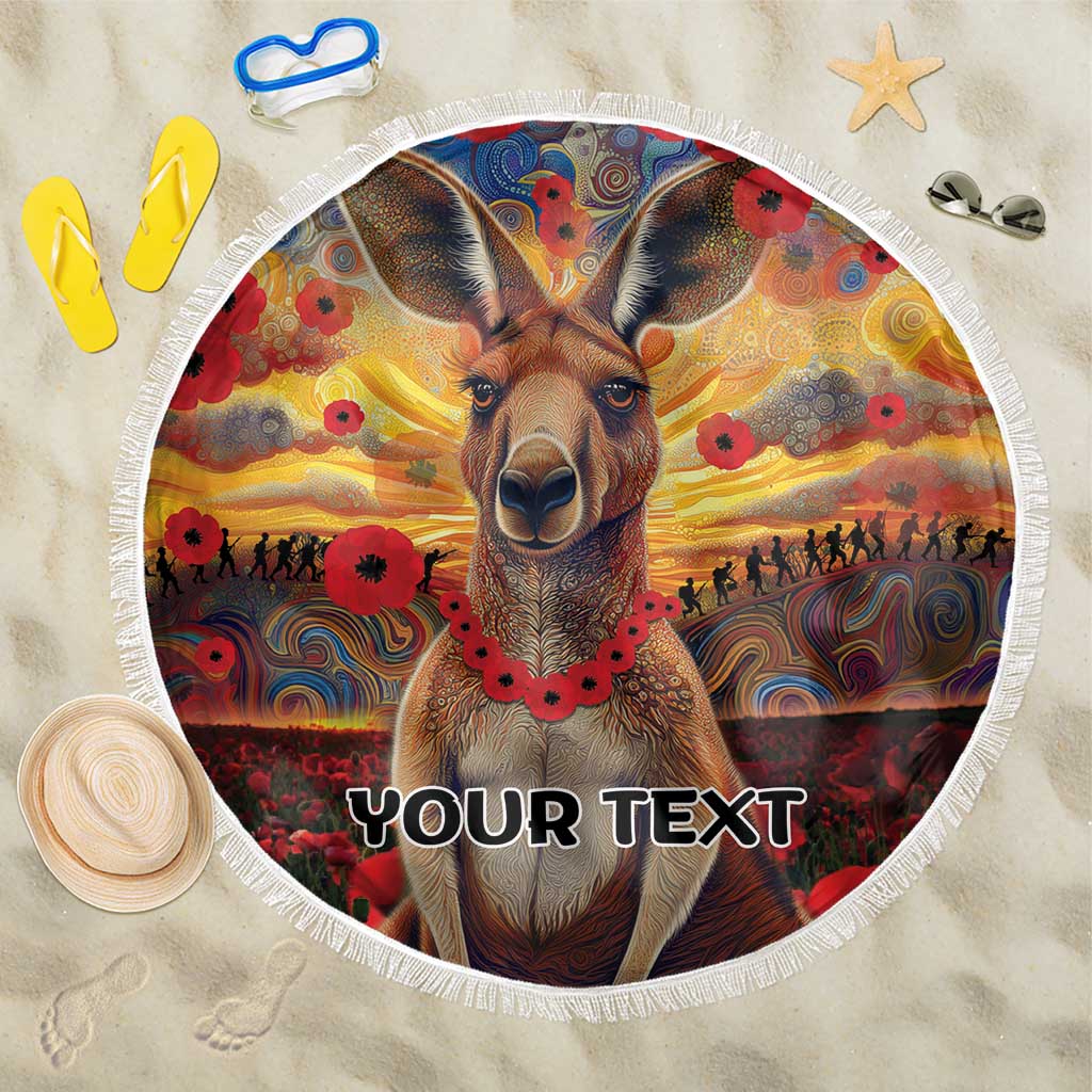 Kangaroo ANZAC Personalised Beach Blanket Poppy Flowers Aboriginal Dot Painting