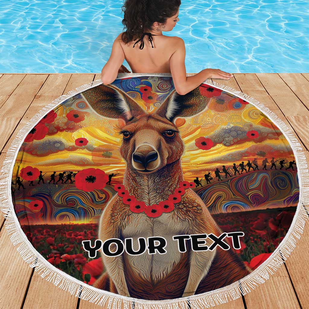 Kangaroo ANZAC Personalised Beach Blanket Poppy Flowers Aboriginal Dot Painting