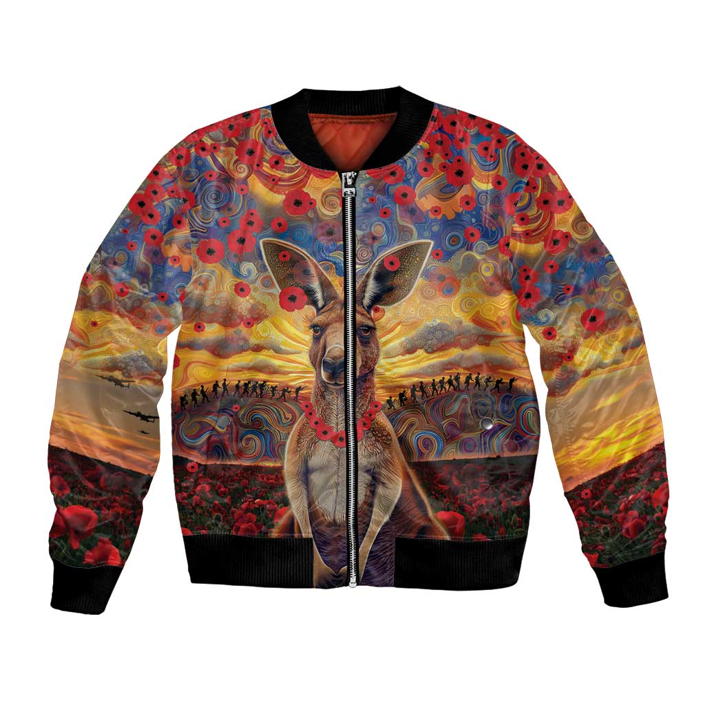 Kangaroo ANZAC Personalised Bomber Jacket Poppy Flowers Aboriginal Dot Painting