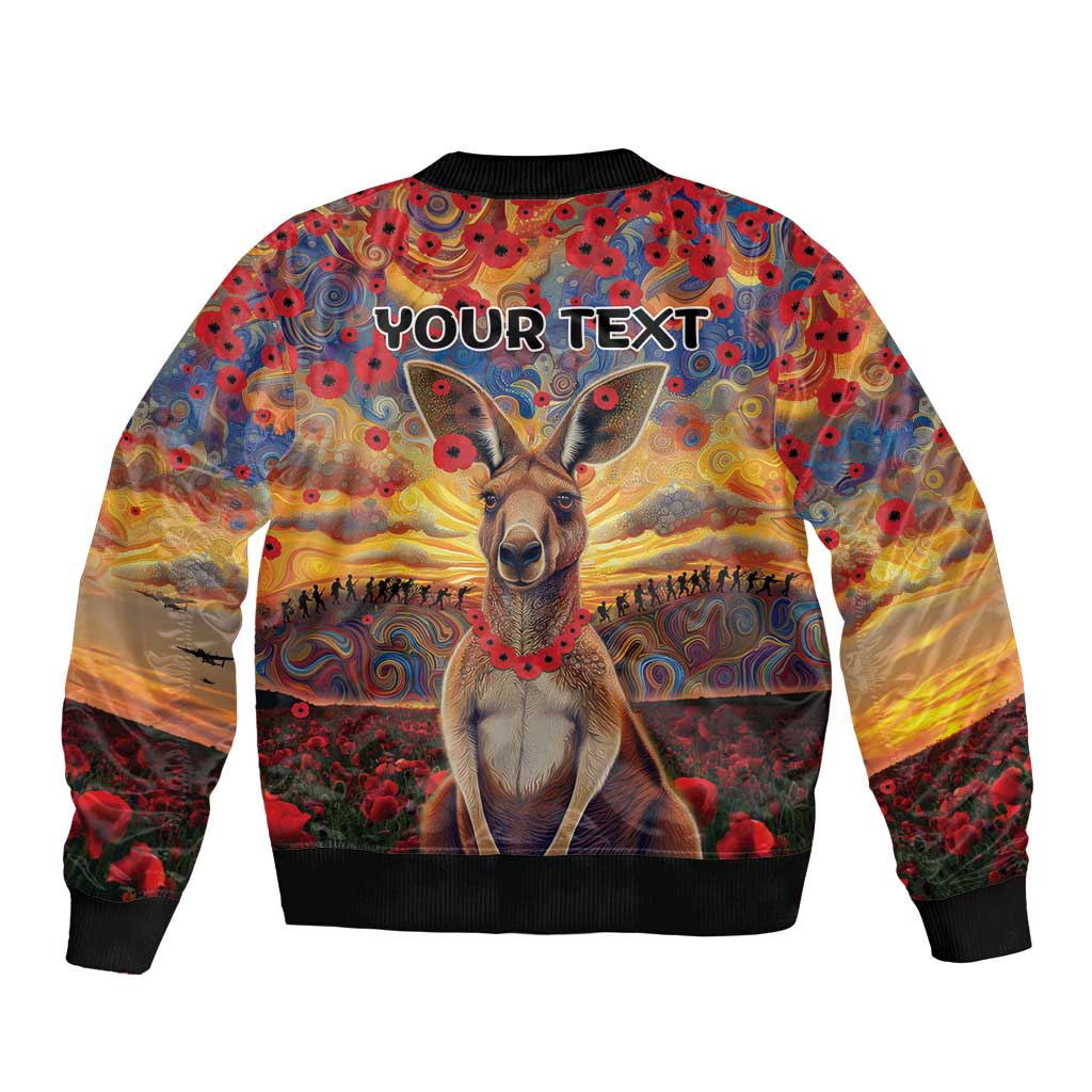 Kangaroo ANZAC Personalised Bomber Jacket Poppy Flowers Aboriginal Dot Painting