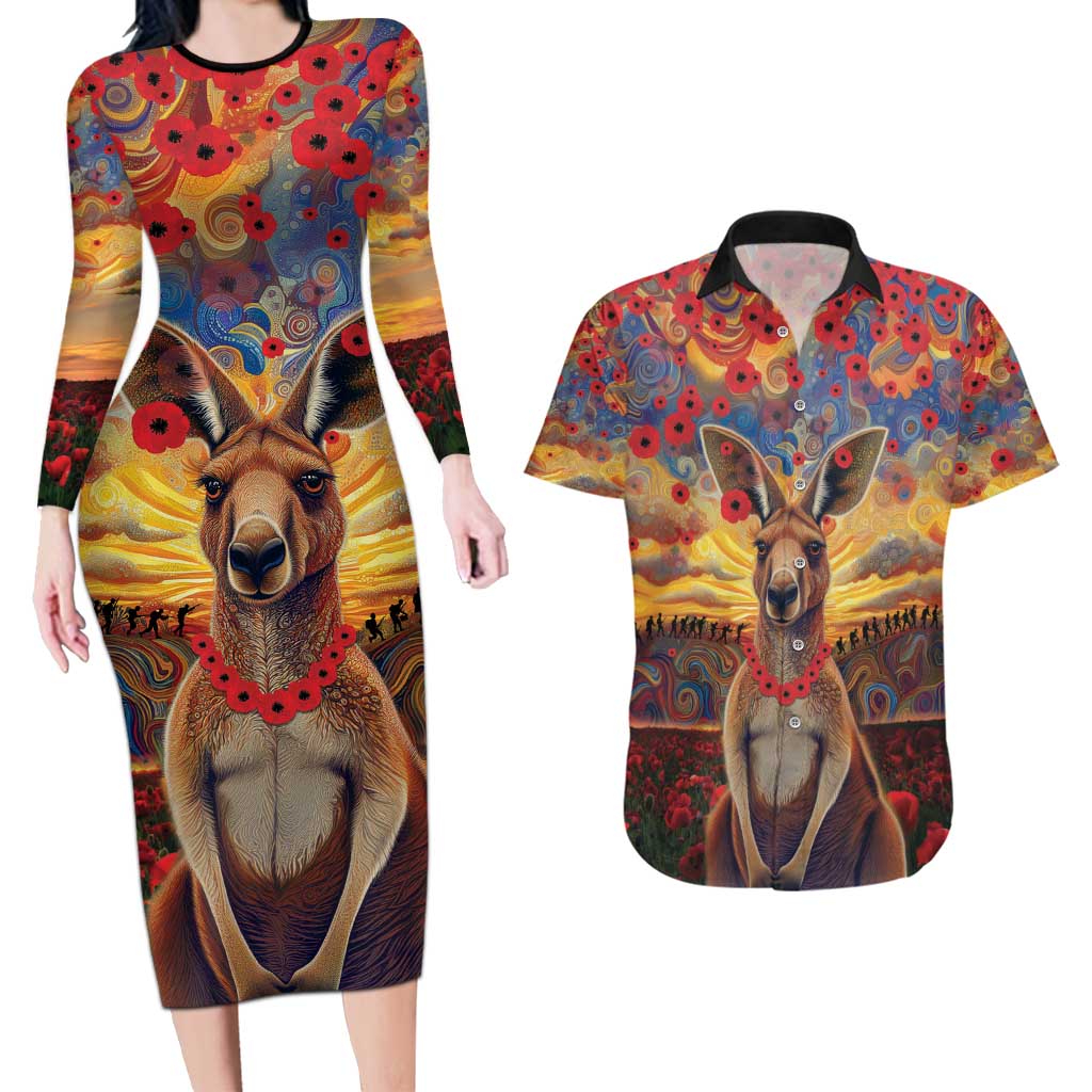 Kangaroo ANZAC Personalised Couples Matching Long Sleeve Bodycon Dress and Hawaiian Shirt Poppy Flowers Aboriginal Dot Painting