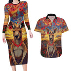 Kangaroo ANZAC Personalised Couples Matching Long Sleeve Bodycon Dress and Hawaiian Shirt Poppy Flowers Aboriginal Dot Painting