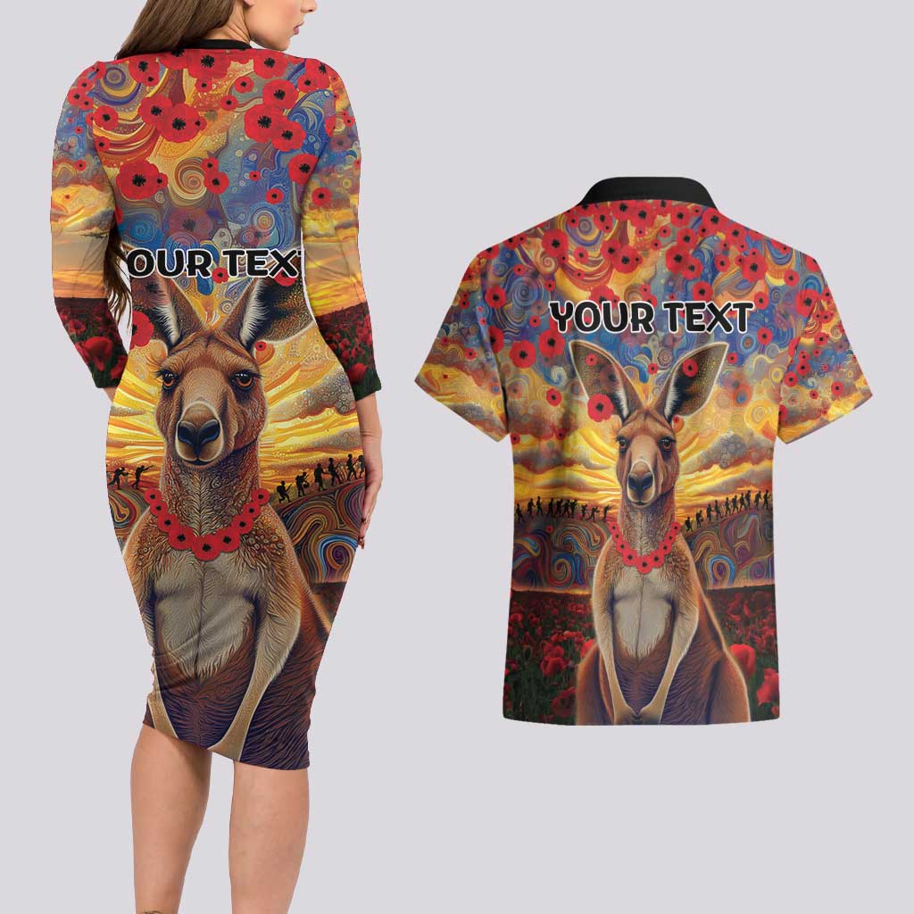 Kangaroo ANZAC Personalised Couples Matching Long Sleeve Bodycon Dress and Hawaiian Shirt Poppy Flowers Aboriginal Dot Painting