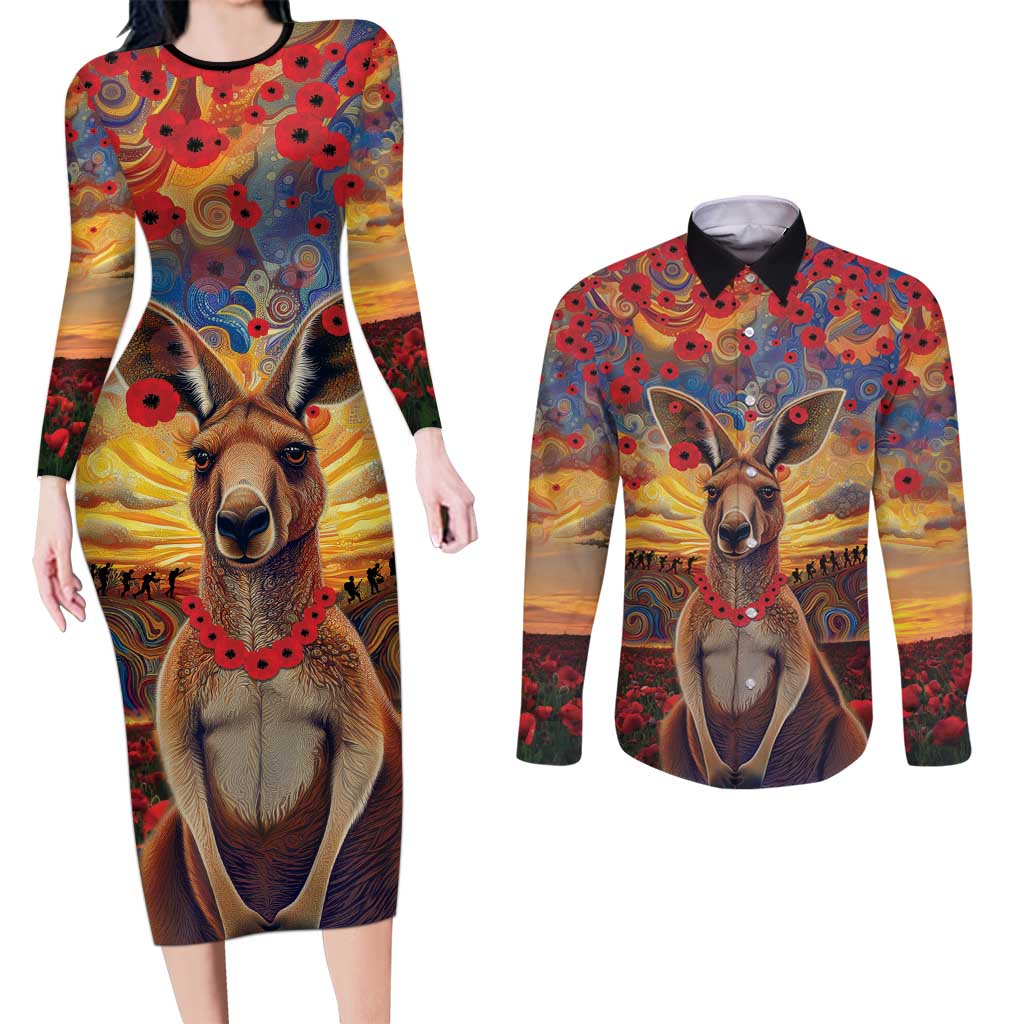 Kangaroo ANZAC Personalised Couples Matching Long Sleeve Bodycon Dress and Long Sleeve Button Shirt Poppy Flowers Aboriginal Dot Painting