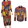 Kangaroo ANZAC Personalised Couples Matching Long Sleeve Bodycon Dress and Long Sleeve Button Shirt Poppy Flowers Aboriginal Dot Painting