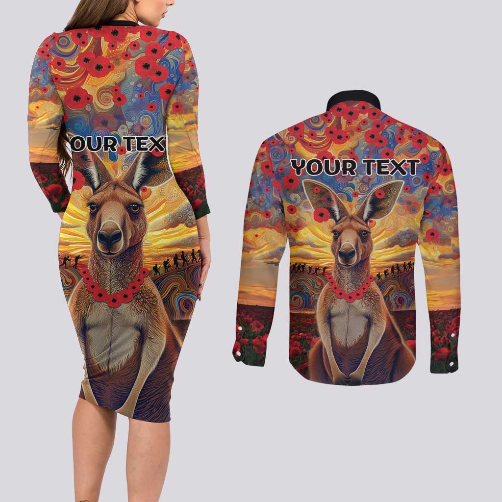 Kangaroo ANZAC Personalised Couples Matching Long Sleeve Bodycon Dress and Long Sleeve Button Shirt Poppy Flowers Aboriginal Dot Painting