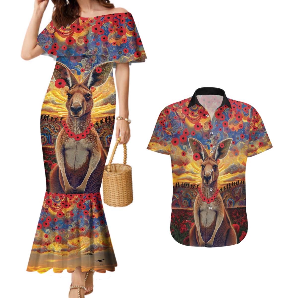 Kangaroo ANZAC Personalised Couples Matching Mermaid Dress and Hawaiian Shirt Poppy Flowers Aboriginal Dot Painting