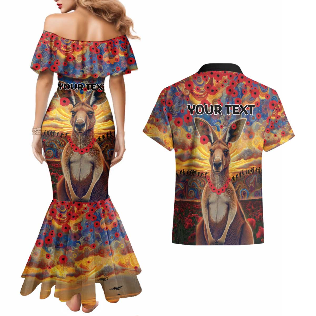 Kangaroo ANZAC Personalised Couples Matching Mermaid Dress and Hawaiian Shirt Poppy Flowers Aboriginal Dot Painting
