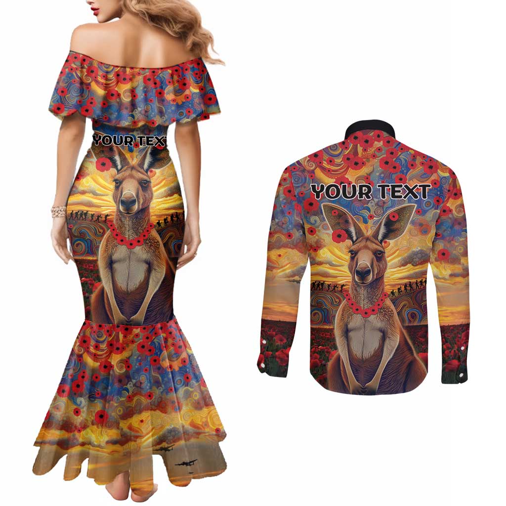Kangaroo ANZAC Personalised Couples Matching Mermaid Dress and Long Sleeve Button Shirt Poppy Flowers Aboriginal Dot Painting