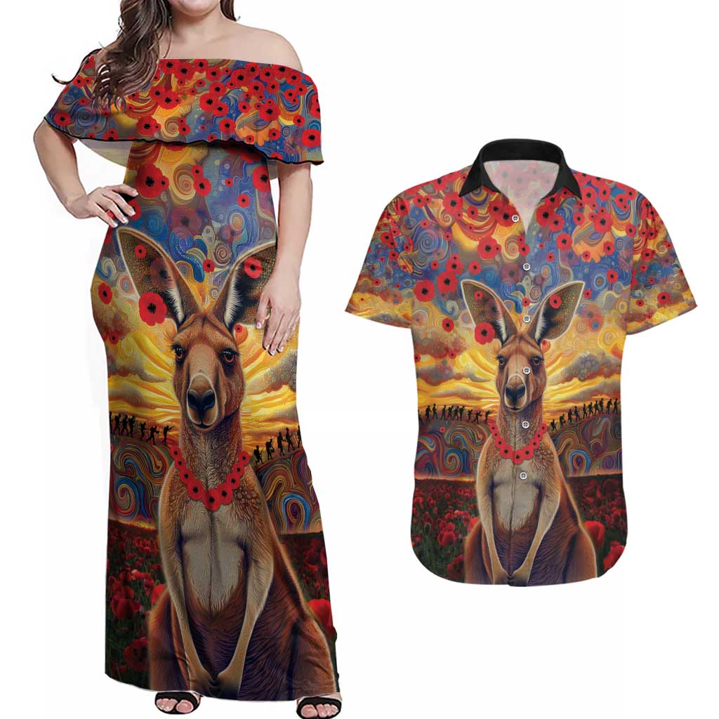 Kangaroo ANZAC Personalised Couples Matching Off Shoulder Maxi Dress and Hawaiian Shirt Poppy Flowers Aboriginal Dot Painting