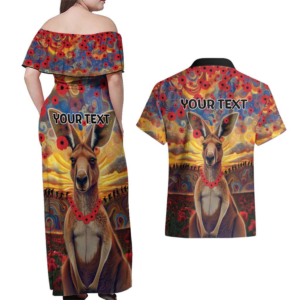 Kangaroo ANZAC Personalised Couples Matching Off Shoulder Maxi Dress and Hawaiian Shirt Poppy Flowers Aboriginal Dot Painting