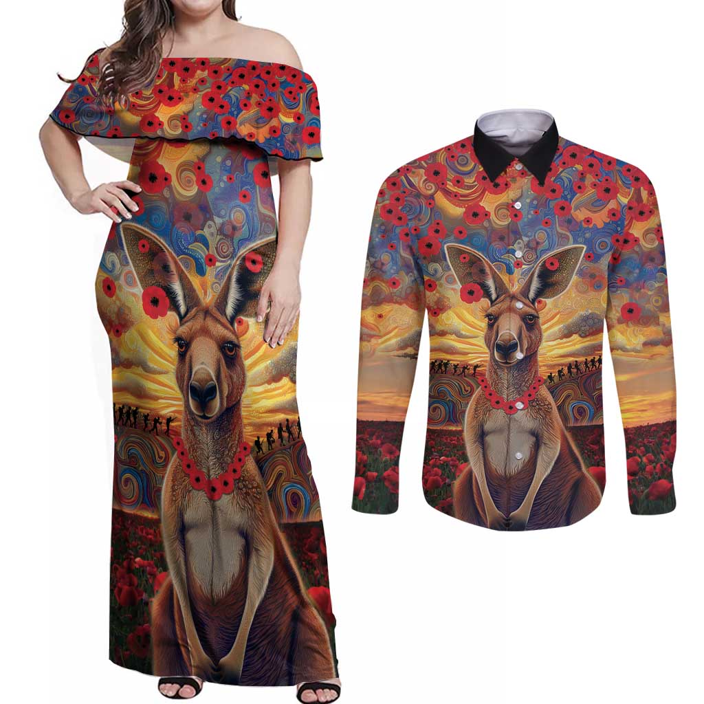 Kangaroo ANZAC Personalised Couples Matching Off Shoulder Maxi Dress and Long Sleeve Button Shirt Poppy Flowers Aboriginal Dot Painting