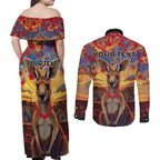 Kangaroo ANZAC Personalised Couples Matching Off Shoulder Maxi Dress and Long Sleeve Button Shirt Poppy Flowers Aboriginal Dot Painting