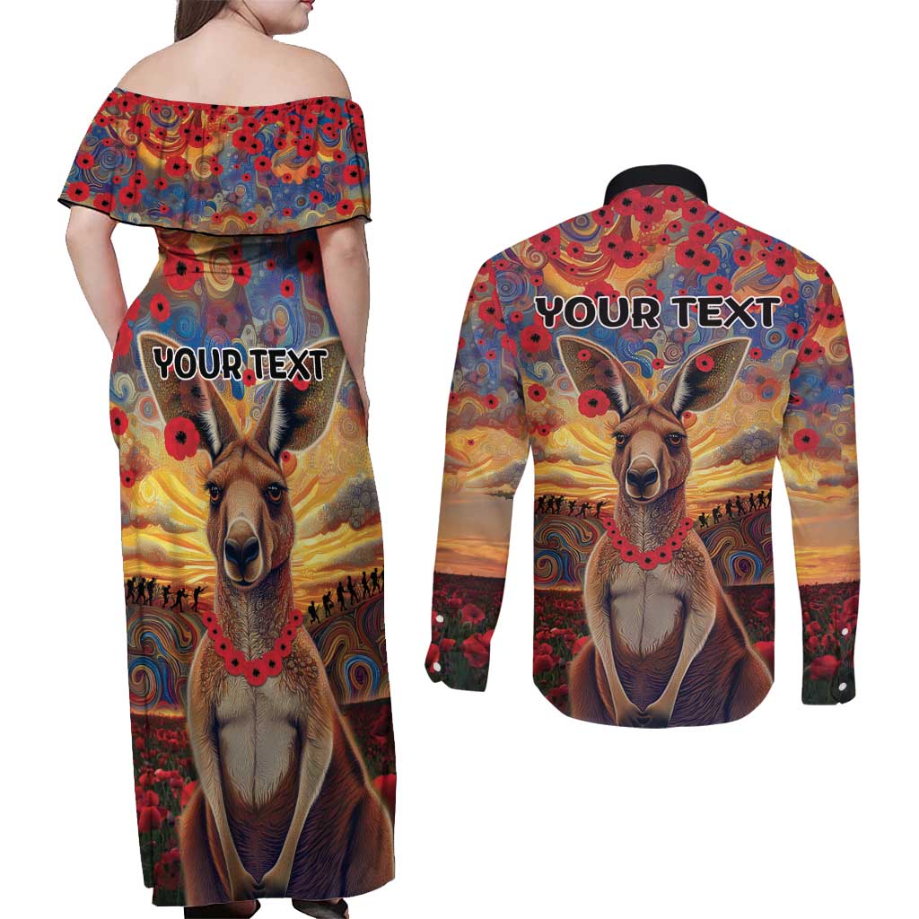 Kangaroo ANZAC Personalised Couples Matching Off Shoulder Maxi Dress and Long Sleeve Button Shirt Poppy Flowers Aboriginal Dot Painting