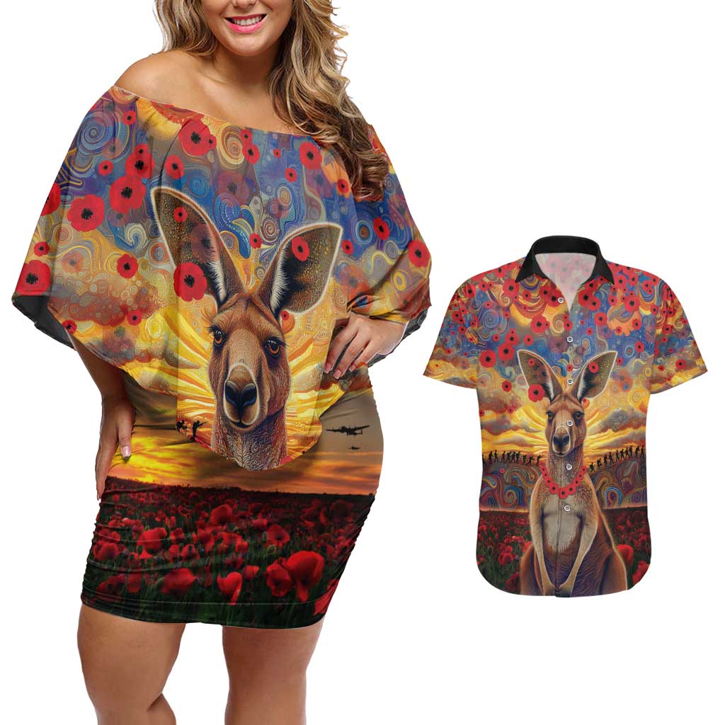 Kangaroo ANZAC Personalised Couples Matching Off Shoulder Short Dress and Hawaiian Shirt Poppy Flowers Aboriginal Dot Painting