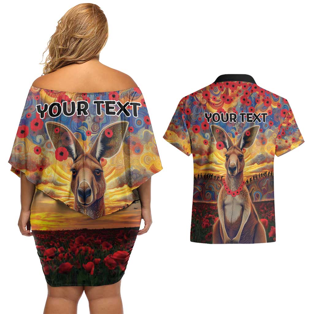 Kangaroo ANZAC Personalised Couples Matching Off Shoulder Short Dress and Hawaiian Shirt Poppy Flowers Aboriginal Dot Painting