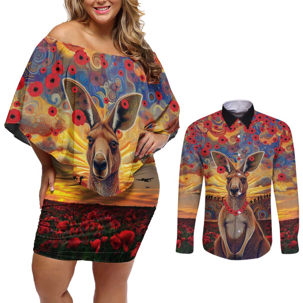 Kangaroo ANZAC Personalised Couples Matching Off Shoulder Short Dress and Long Sleeve Button Shirt Poppy Flowers Aboriginal Dot Painting