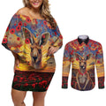 Kangaroo ANZAC Personalised Couples Matching Off Shoulder Short Dress and Long Sleeve Button Shirt Poppy Flowers Aboriginal Dot Painting