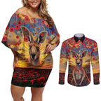 Kangaroo ANZAC Personalised Couples Matching Off Shoulder Short Dress and Long Sleeve Button Shirt Poppy Flowers Aboriginal Dot Painting