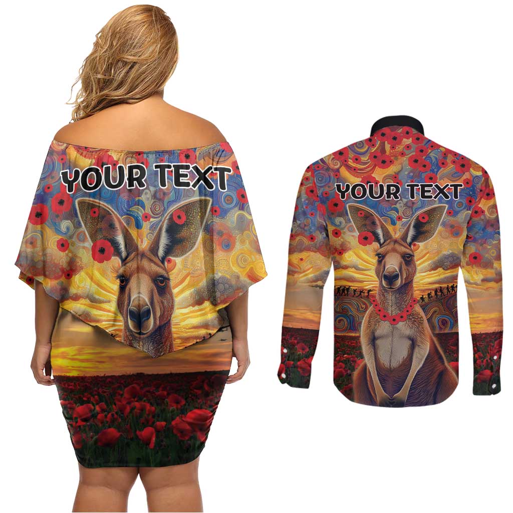 Kangaroo ANZAC Personalised Couples Matching Off Shoulder Short Dress and Long Sleeve Button Shirt Poppy Flowers Aboriginal Dot Painting