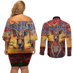 Kangaroo ANZAC Personalised Couples Matching Off Shoulder Short Dress and Long Sleeve Button Shirt Poppy Flowers Aboriginal Dot Painting