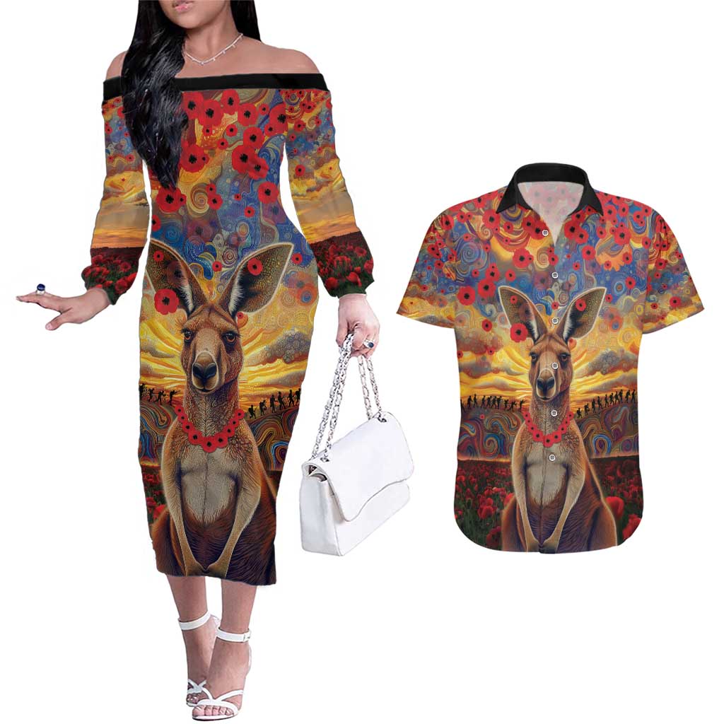Kangaroo ANZAC Personalised Couples Matching Off The Shoulder Long Sleeve Dress and Hawaiian Shirt Poppy Flowers Aboriginal Dot Painting