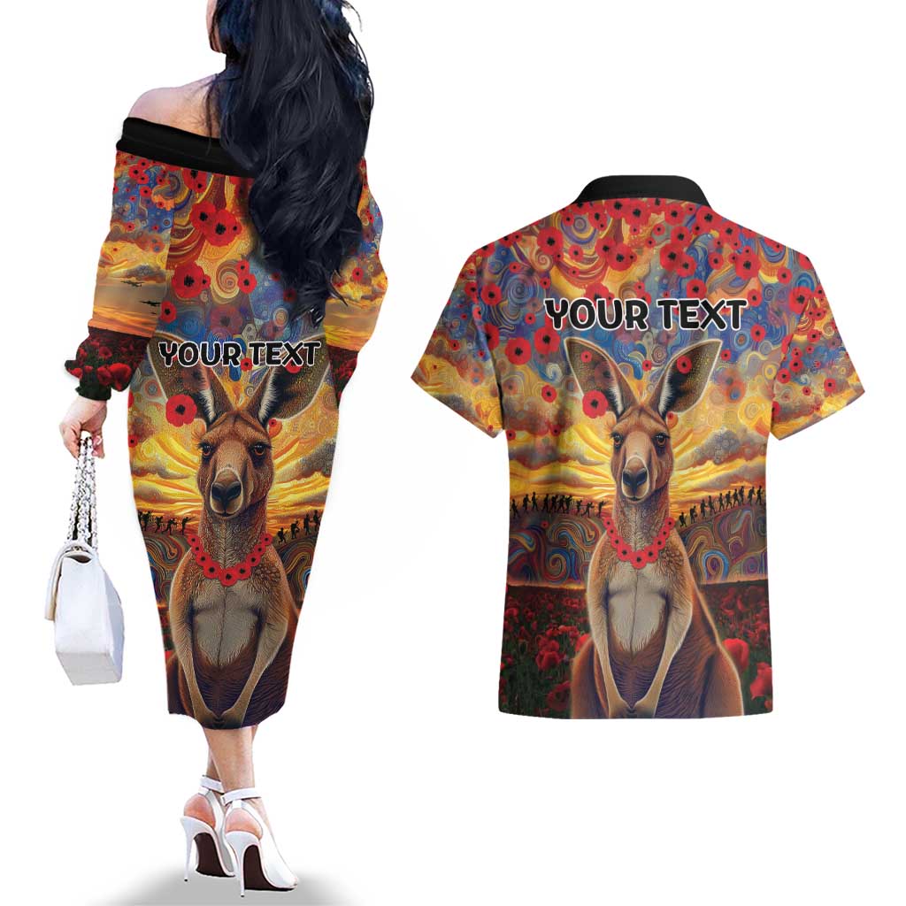 Kangaroo ANZAC Personalised Couples Matching Off The Shoulder Long Sleeve Dress and Hawaiian Shirt Poppy Flowers Aboriginal Dot Painting