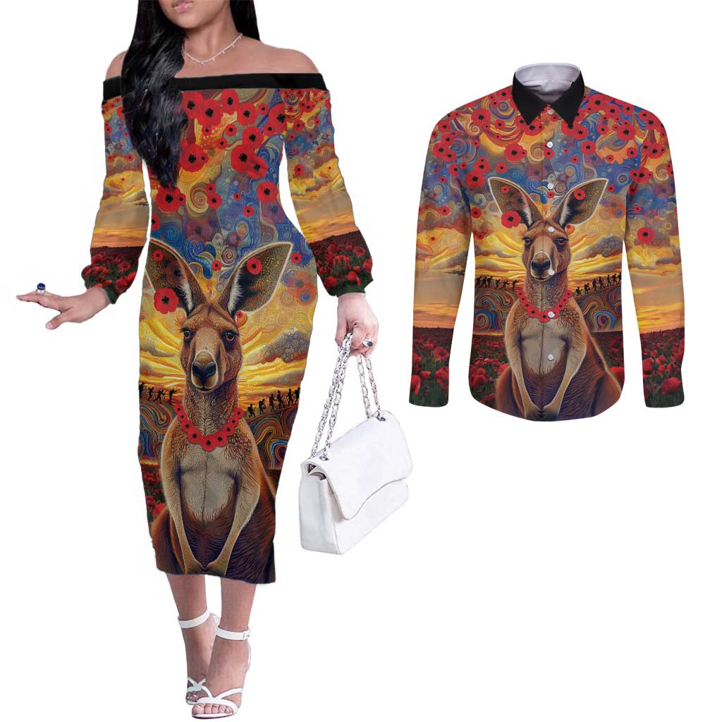 Kangaroo ANZAC Personalised Couples Matching Off The Shoulder Long Sleeve Dress and Long Sleeve Button Shirt Poppy Flowers Aboriginal Dot Painting