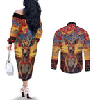 Kangaroo ANZAC Personalised Couples Matching Off The Shoulder Long Sleeve Dress and Long Sleeve Button Shirt Poppy Flowers Aboriginal Dot Painting