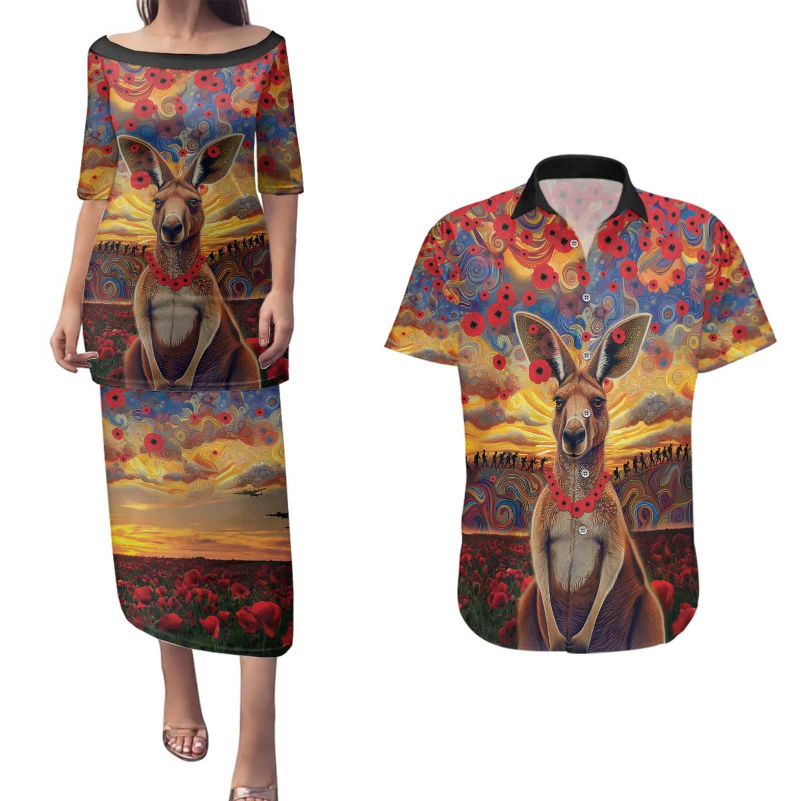 Kangaroo ANZAC Personalised Couples Matching Puletasi and Hawaiian Shirt Poppy Flowers Aboriginal Dot Painting
