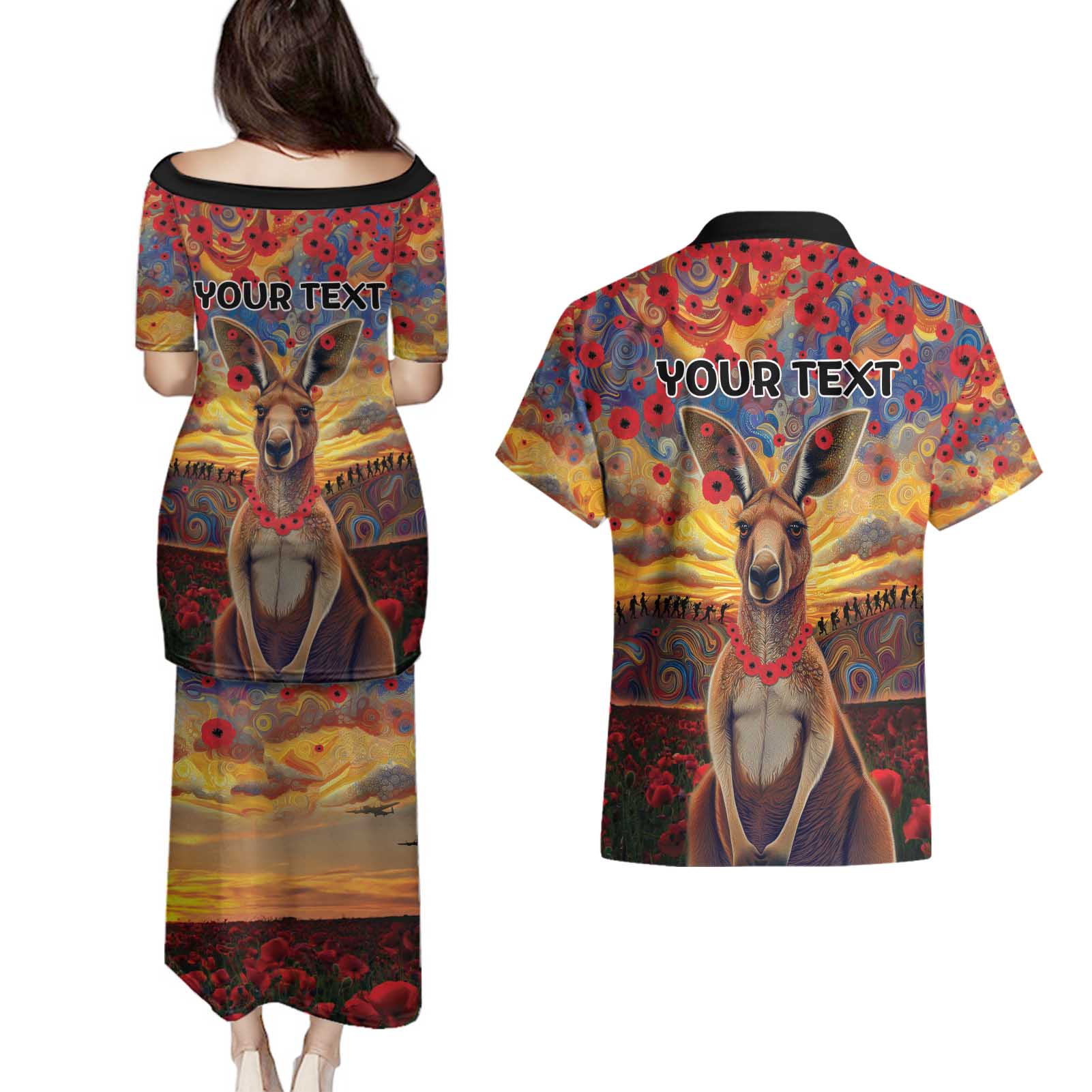 Kangaroo ANZAC Personalised Couples Matching Puletasi and Hawaiian Shirt Poppy Flowers Aboriginal Dot Painting