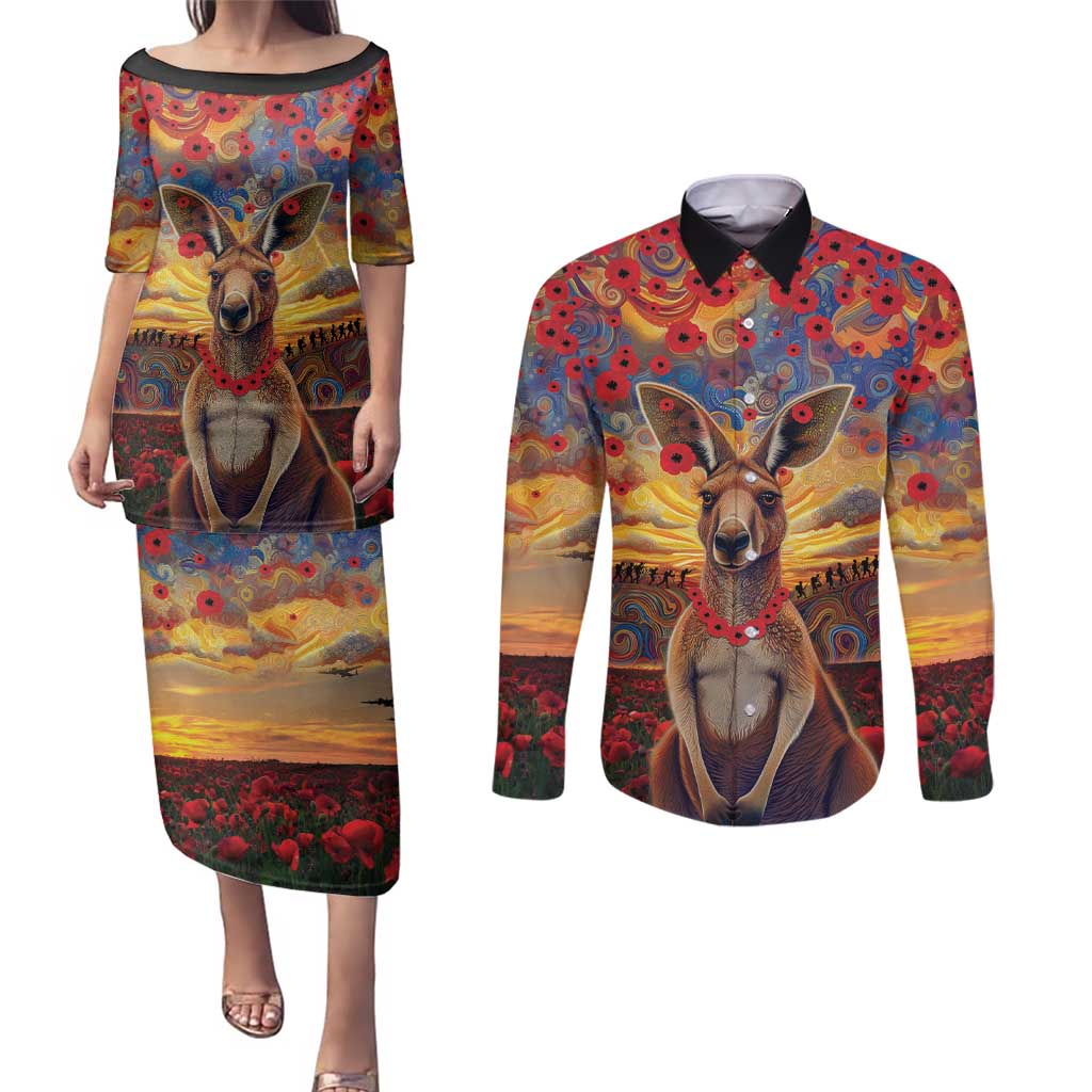 Kangaroo ANZAC Personalised Couples Matching Puletasi and Long Sleeve Button Shirt Poppy Flowers Aboriginal Dot Painting