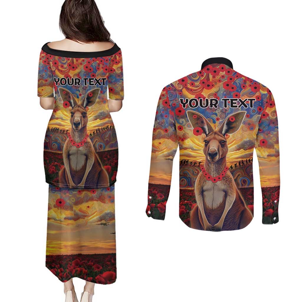 Kangaroo ANZAC Personalised Couples Matching Puletasi and Long Sleeve Button Shirt Poppy Flowers Aboriginal Dot Painting